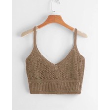 Yuga Knitting Kadın Ajurlu Askılı Triko Crop Bluz