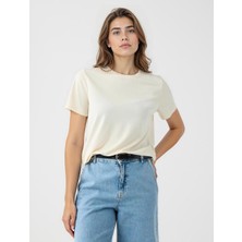 Jimmy Key Ekru Bisiklet Yaka Kısa Kollu Örme Modal Tişört