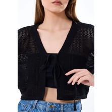 Yuga Knitting Kadın Ajurlu Delikli Triko Bağlamalı Mevsimlik Basic Hırka