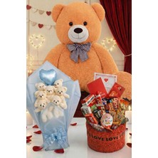 Sole 3’lü Sevgililer Günü Hediye Seti | 90 cm Peluş Ayı, Love Çikolata Sepeti & Mavi Peluş Ayıcık Buketi