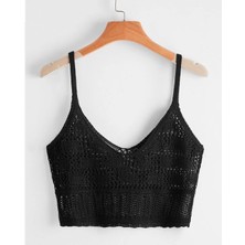 Yuga Knitting Kadın Ajurlu Askılı Triko Crop Bluz