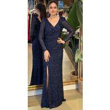 Abiyeniall Lacivert V Yaka Uzun Kollu Yırtmaçlı Düz Kesim Pullu Boncuklu Uzun Abiye Elbise 11176-02