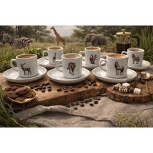 Miras Home Karışık Hayvan Baskılı 6 Kişilik Porselen Kahve Seti, Mix Hayvan Görselli Kahve Fincanı