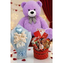Sole 3’lü Sevgililer Günü Hediye Seti | 90 cm Peluş Ayı, Love Çikolata Sepeti & Mavi Peluş Ayıcık Buketi