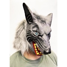 DS LLC Kafaya Tam Geçmeli Lateks Mavi Gözlü Dişli Ağzı Açık Kurt Maskesi Iegtgrs-34