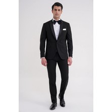 Efor Slim Fit Çıkarılabilir Kırlangıç Saten Yaka Siyah Damatlık Smokin Takım Black 085