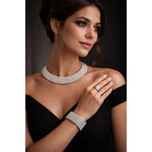 Mihres Zirkon Taşlı Gümüş Set Kolye Bileklik Yüzük 3'lü Set Abiye Nişan Düğün Gelin Takı Tasma Choker