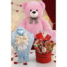Sole 3’lü Sevgililer Günü Hediye Seti | 90 cm Peluş Ayı, Love Çikolata Sepeti & Mavi Peluş Ayıcık Buketi