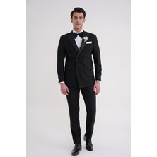 Efor Slim Fit Çıkarılabilir Saten Yaka Kruvaze Siyah Damatlık Smokin Takım Black 082