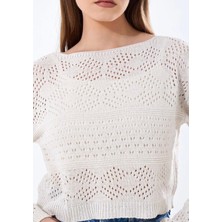 Yuga Knitting Kadın Triko Örme Ajurlu Delikli Kayık Yaka Kazak Baklava Desenli Bluz
