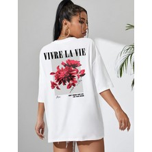 Risil-Nu Company Yeni Sezon Oversize "vivre La Vie" Baskılı Pamuklu Penye Kumaş Beyaz Tişört