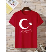 Risil-Nu Company Yeni Sezon Oversize Ayyıldız Türk Bayrağı Atatürk Imzalı Baskılı Pamuklu Penye Kumaş Kırmızı Tişört