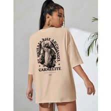 Risil-Nu Company Yeni Sezon Oversize Carlemlıte Baskılı Pamuklu Penye Kumaş Bej Tişört