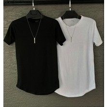 Risil-Nu Company Yeni Sezon Unisex Siyah-Beyaz Slim Fit Bisiklet Yaka 2'li Oval Kesimli Tişört