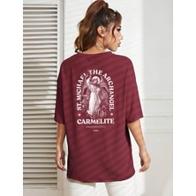 Risil-Nu Company Yeni Sezon Oversize Carlemlıte Baskılı Pamuklu Penye Kumaş Bordo Tişört