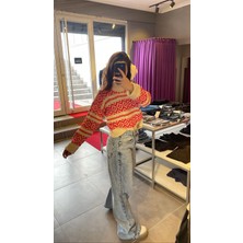 Kırmızı Etnik Desen Ekru Triko