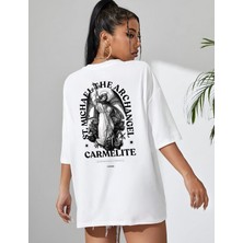 Risil-Nu Company Yeni Sezon Oversize Carlemlıte Baskılı Pamuklu Penye Kumaş Beyaz Tişört