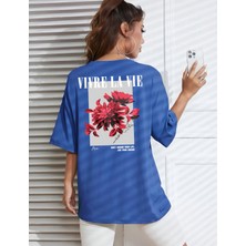 Risil-Nu Company Yeni Sezon Oversize "vivre La Vie" Baskılı Pamuklu Penye Kumaş Lacivert Tişört