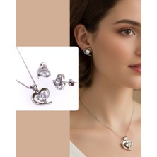 925 Ayar Gümüş Heart Kalp Tasarım Küpe Kolye  Kadın Set Sevgililer Günü Hediye S102