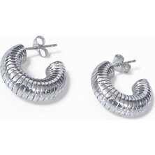 Cesicey Çizgi Desenli Içi Dolu Halka Çelik Küpe Gümüş Renk