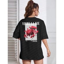 Risil-Nu Company Yeni Sezon Oversize "vivre La Vie" Baskılı Pamuklu Penye Kumaş Siyah Tişört