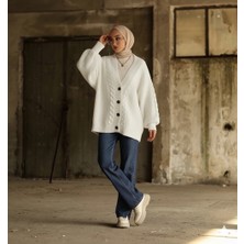 Yuga Knitting Oversize Balon Kollu Örgü Desenli Triko Kadın Hırka