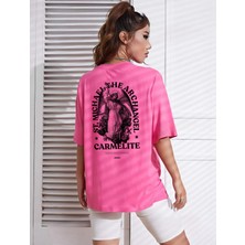 Risil-Nu Company Yeni Sezon Oversize Carlemlıte Baskılı Pamuklu Penye Kumaş Pembe Tişört