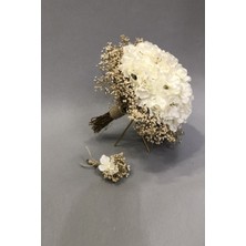 Çiçek Beyaz Ortancalı Cipsolu Gelin Buketi ve Yaka Çiçeği Doğal Görünüm 35 cm