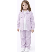 İrem Çocuk Giyim Kız Çocuk Çiçek Desenli Zımba Detaylı Gabardin Ceket Pantolon Tişört Üçlü Lila Renk Bayramlık Takım
