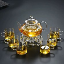 UltraMint 8 Parça Cam Isıtma Standlı 1000ML Borosilikat Demlik ve 6 Fincan Takımı