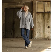 Yuga Knitting Oversize Balon Kollu Örgü Desenli Triko Kadın Hırka