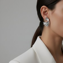 Lente Aksesuar Kadın Gümüş Renk Katmanlı Kanat Formlu Modern Küpe