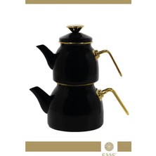 UltraMint Şık Siyah Emaye Çaydanlık 1.3 ve 2.1 Litre Set