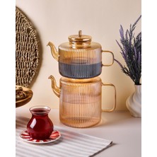 UltraMint Şeffaf Çizgili Borosilikat Cam Çaydanlık Seti 1.1l ve 1.75L