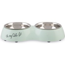Techmrt Beeztees Kedi Ikili Mama ve Su Kabı, Paslanmaz Çelik, Mint, 27X14X4,5CM, 2X160ML