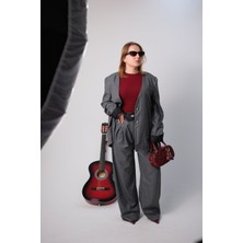 Keymood Dantel Detaylı Gri Oversize Ceket Takım