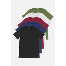 Stoykis Erkek Yeşil Beyaz Bordo Lacivert Siyah %100 Pamuklu 5 Li T-Shirt Paketi Regular Fit -Kyr-51