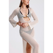 Yuga Knitting Kadın Triko Örgü Ajurlu Ön Detaylı Basic Yazlık Plaj Elbisesi