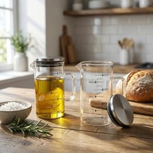 Storemax 2'li Set Paslanmaz Çelik Kapaklı Borosilikat Cam Yağdanlık ve Ölçü Kabı - 350ML - Dayanıklı Damlatmaz Sosluk, Sütlük ve Mutfak Hazırlık Sürahisi - Şeffaf Modern Tasarım