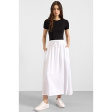 Olcay Beli Lastikli Soft Denim Etek BEYAZ 7068