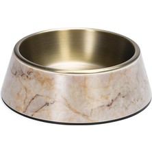 Techmrt Beeztees Dbl Köpek Mama Su Kabı, Mat Altın Rengi Paslanmaz Çelik, Bej Mermer Görünümlü, 17,5cm, 350M
