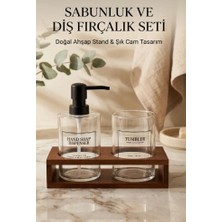 2'li Akasya Standlı 2 Bölmeli Borosilikat Ince Cam Sıvı Sabunluk Seti - Diş Fırça Organizeri