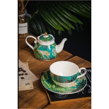 UltraMint Orman Desenli 4 Parça Çay ve Kahve Fincanı ile Porselen Demlik Seti