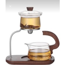 UltraMint Borosilikat Cam Manyetik Demlik, Ahşap Standlı, Süzgeçli Bitki Çayı Demliği