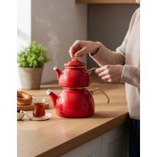 UltraMint Kırmızı Gold Emaye Çaydanlık ve Demlik Seti, Şık ve Kullanışlı Tasarım