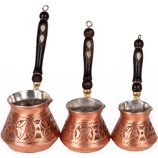 UltraMint El Işlemeli Bakır Kahve Cezve Seti (3'lü) Sedef Detaylı Kulplu