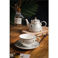 UltraMint 4 Parça Altıgen Gold Çay ve Kahve Fincanı + Porselen Demlik Seti