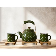UltraMint Retro Emaye Çaydanlık ve Kupa Takımı – 6 Parça Puantiyeli Set