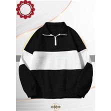 Risil-Nu Company Unisex Siyah Çizgili Oversize Polo Yaka Yarım Fermuarlı Sweatshirt