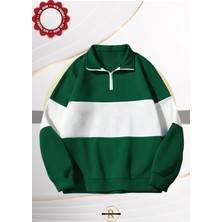 Risil-Nu Company Unisex Siyah Çizgili Oversize Polo Yaka Yarım Fermuarlı Sweatshirt